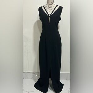 Cache Black V-Neck Maxi Dress Sleeveless with Front Slit and Decorative Straps.